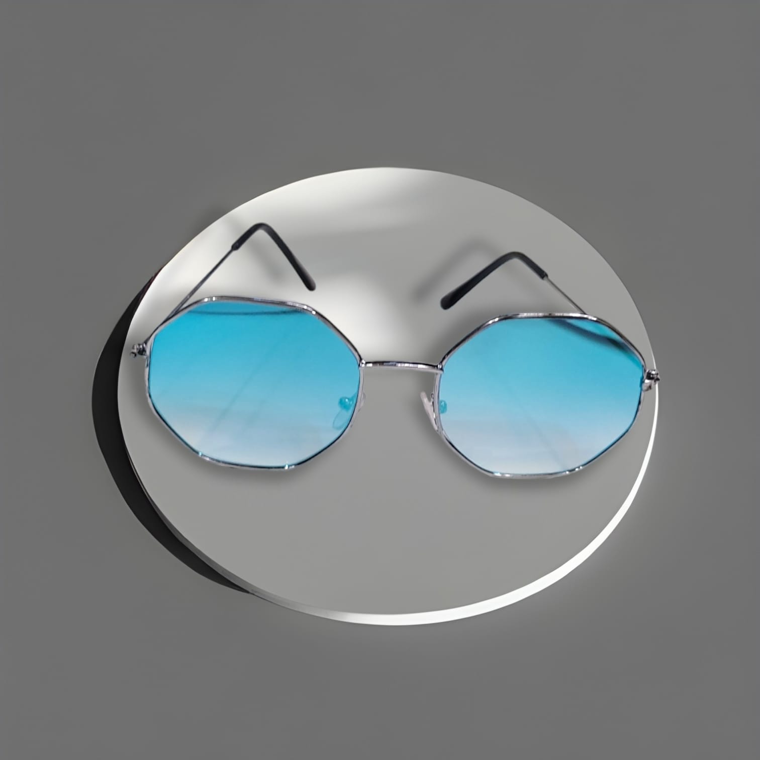 Round Lens Sky Blue White Metal Unisex Sunglasses
